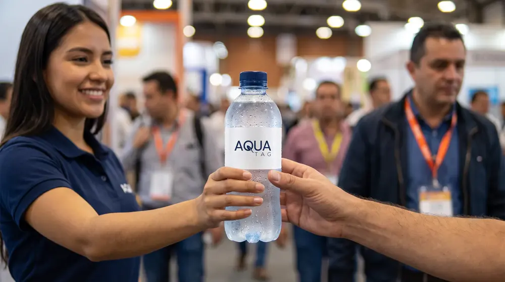 Agua AquaTag entregada a un visitante en una feria