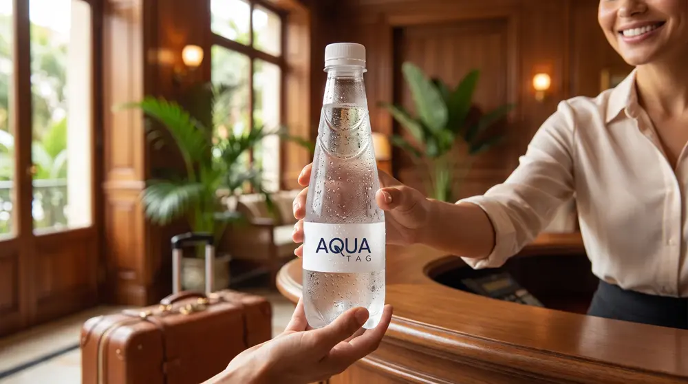 Agua AquaTag de bienvenida en la recepción de un hotel