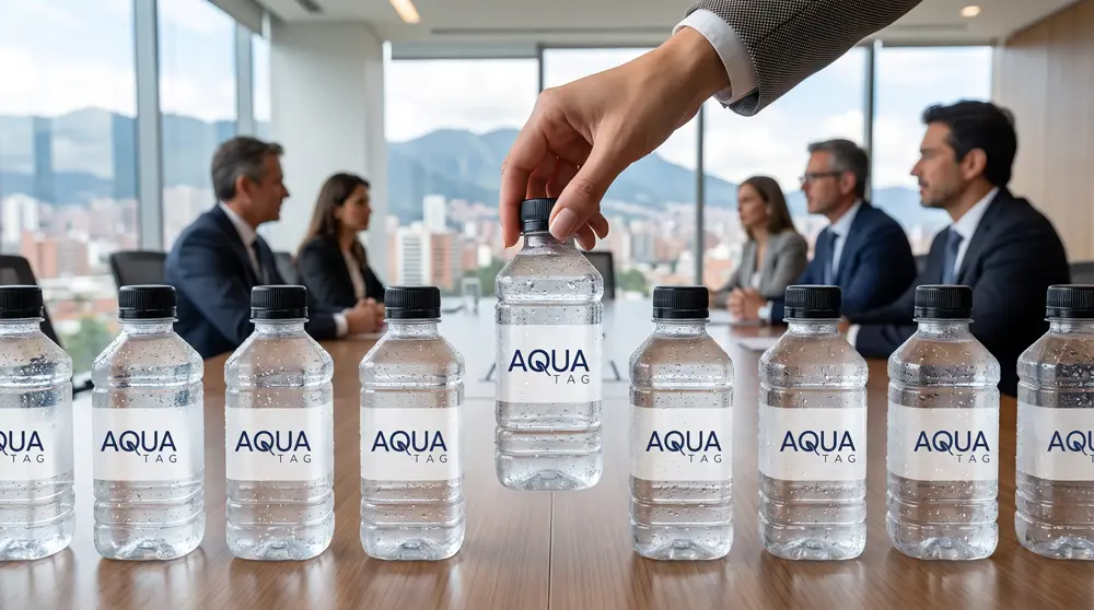Agua AquaTag servida en una reunión de trabajo